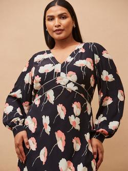 Live Unlimited Curve Petite Floral Contrast Trim Midi Dress, Black - view 2, Black