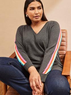 Live Unlimited Curve V-Neck Stripe Sleeve Jumper, Grey, Grey