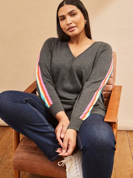 Live Unlimited Curve V-Neck Stripe Sleeve Jumper, Grey - view 2, Grey
