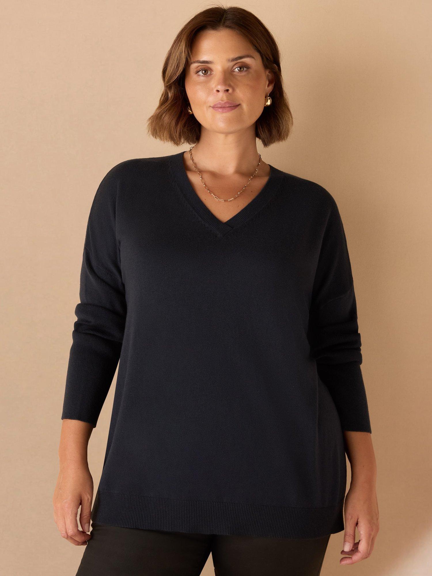 Product image 1 of 3, which shows Live Unlimited Curve Drop Shoulder V-Neck Jumper, Navy, 12