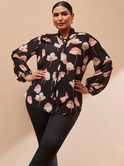 Live Unlimited Curve Floral Twist Neck Top, Black, Black
