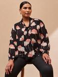 Live Unlimited Curve Floral Twist Neck Top, Black