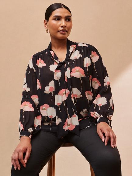 Live Unlimited Curve Floral Twist Neck Top, Black - view 2, Black