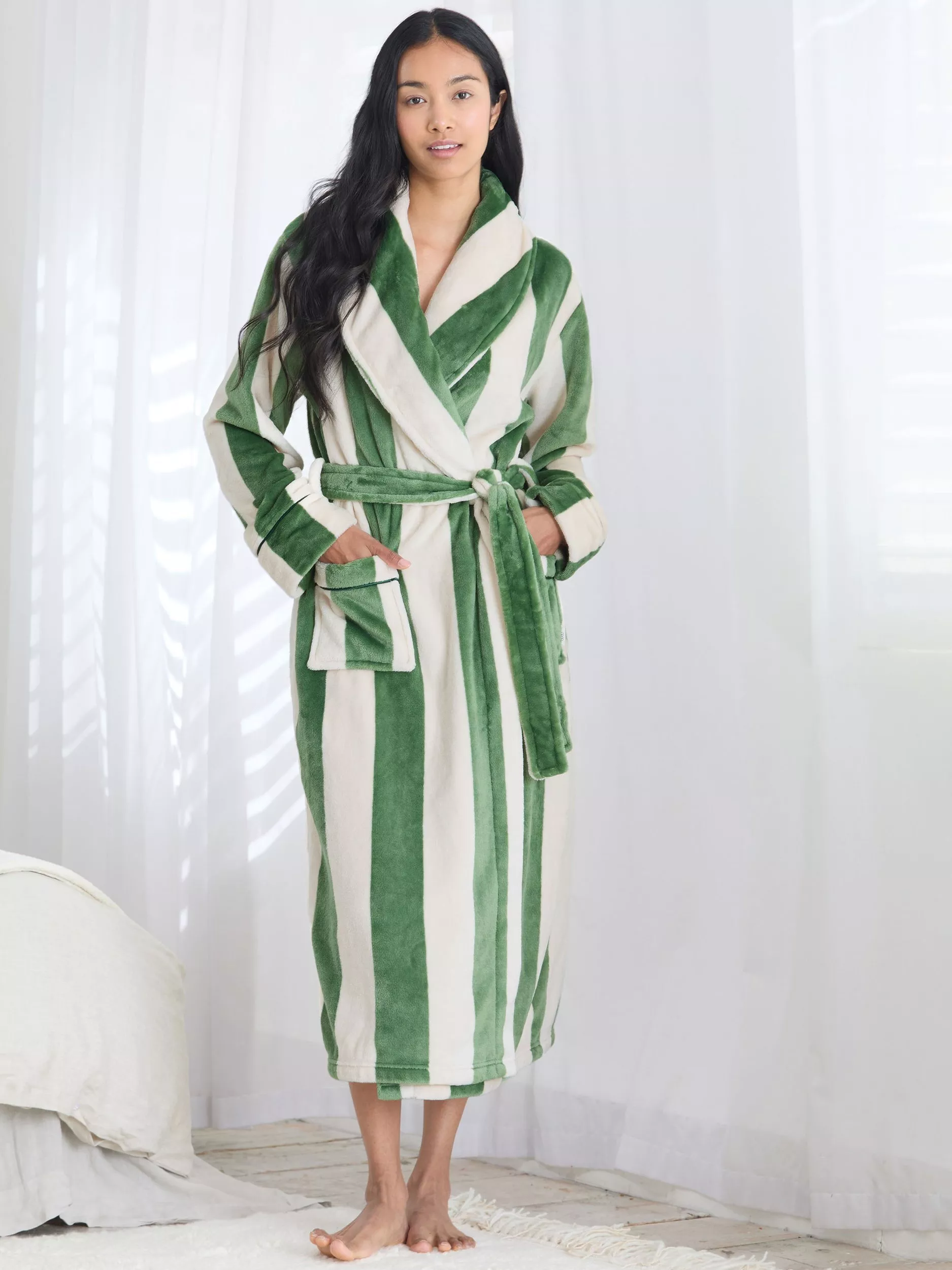 Chelsea Peers Fleece Stripe Long Dressing Gown, Green