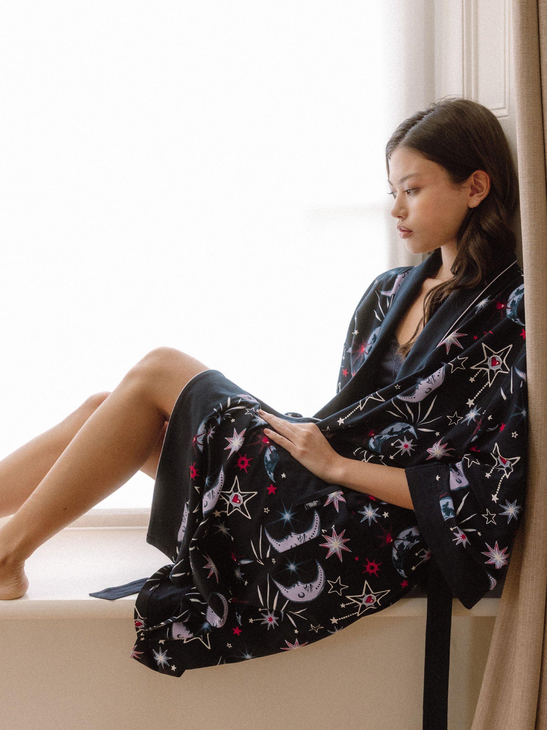 Product image 2 of 5, which shows Chelsea Peers Mystic Moon Kimono Dressing Gown, Navy, 6