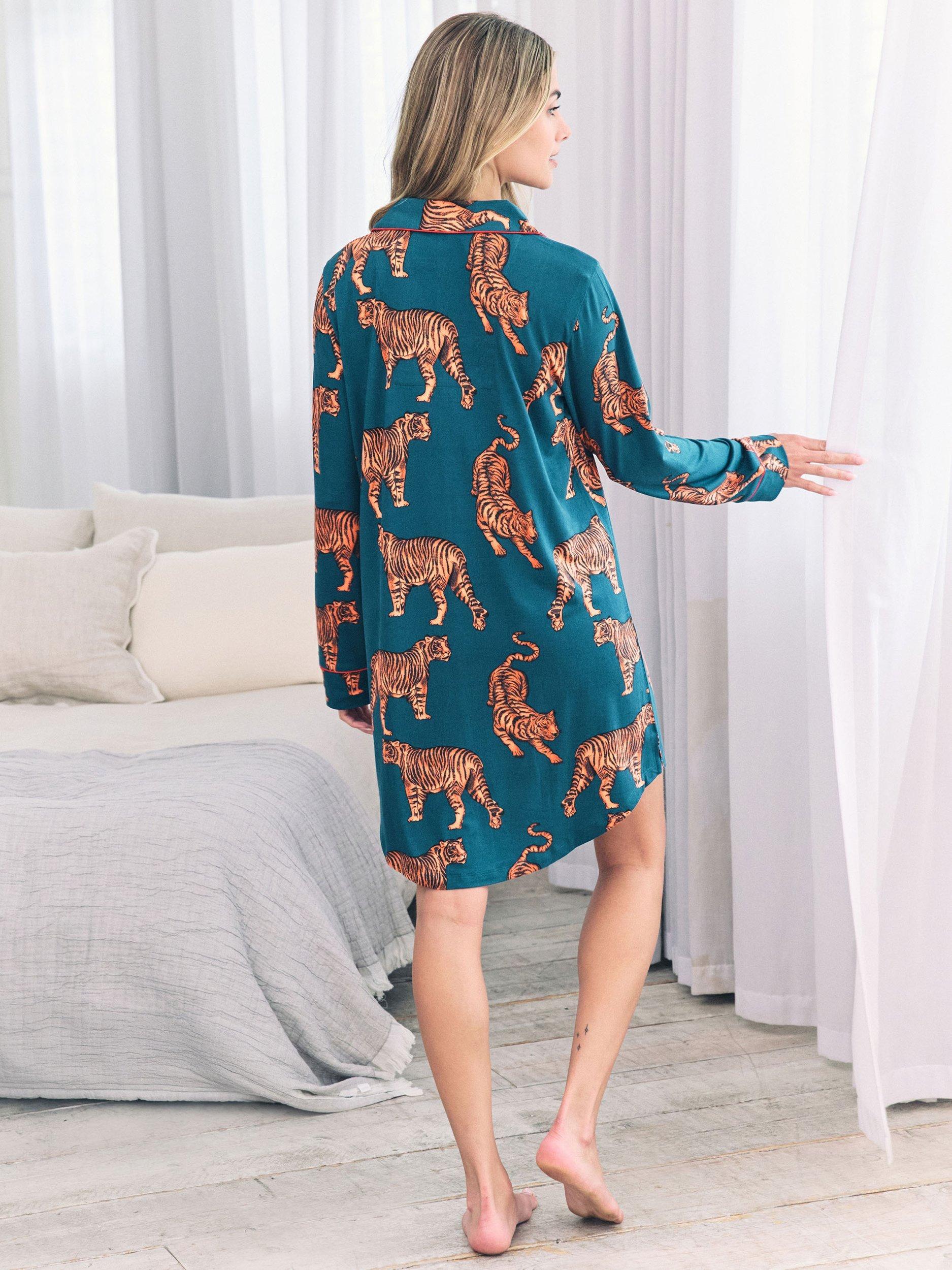 Product image 4 of 6, which shows Chelsea Peers Tigers Print Nightshirt, Teal, 6