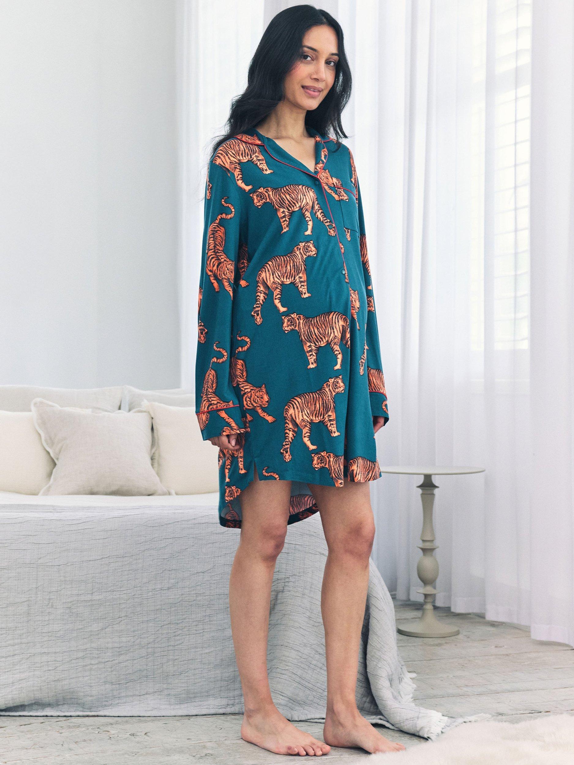 Product image 1 of 5, which shows Chelsea Peers Tigers Maternity Nightshirt, Teal, 6