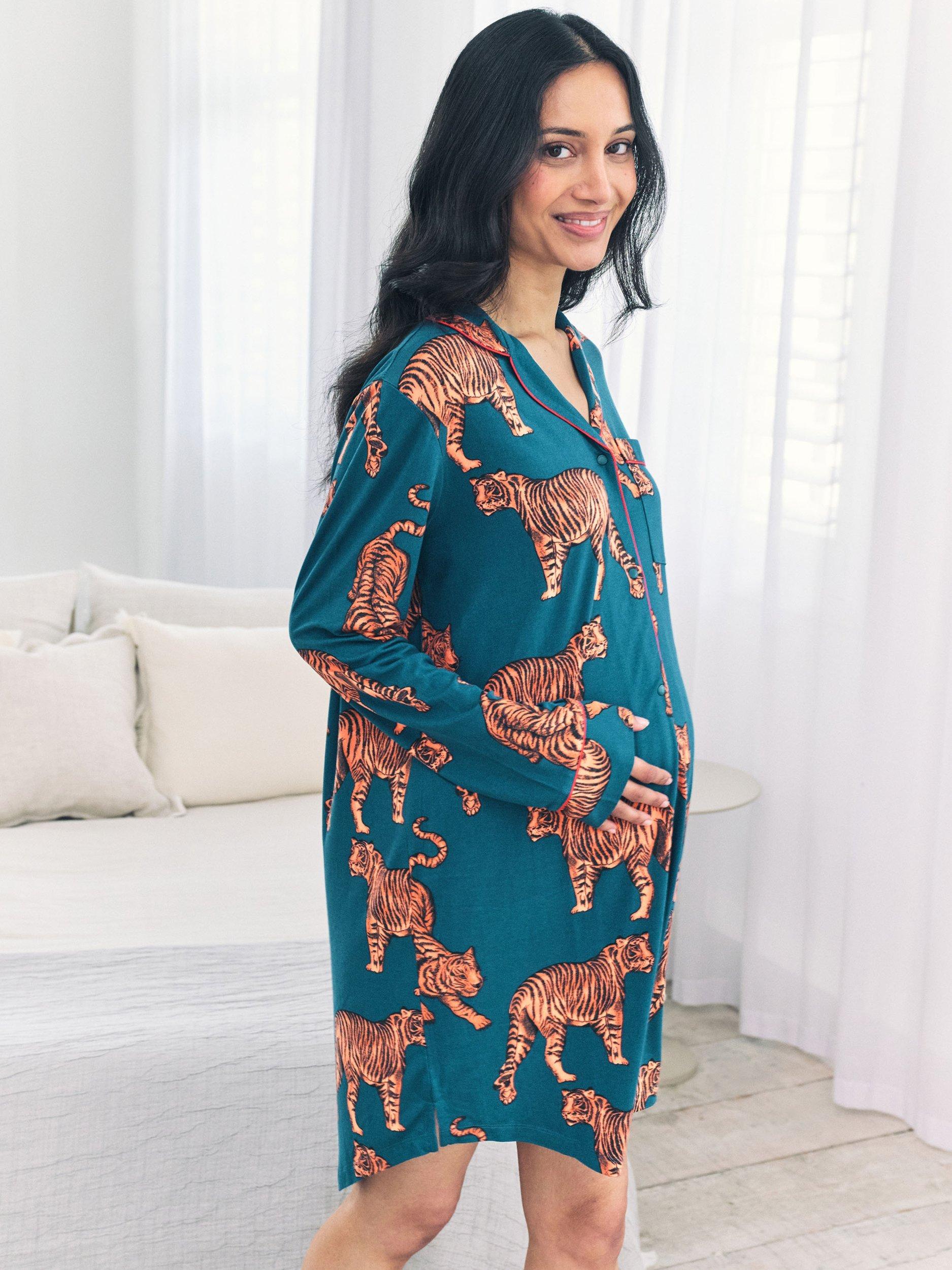 Product image 2 of 5, which shows Chelsea Peers Tigers Maternity Nightshirt, Teal, 6