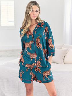 Chelsea Peers Tigers Shorty Pyjama Set, Teal, Teal