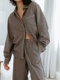 Chelsea Peers Gingham Button Through Long Pyjama Set, Navy/Brown - view 2, Navy/Brown