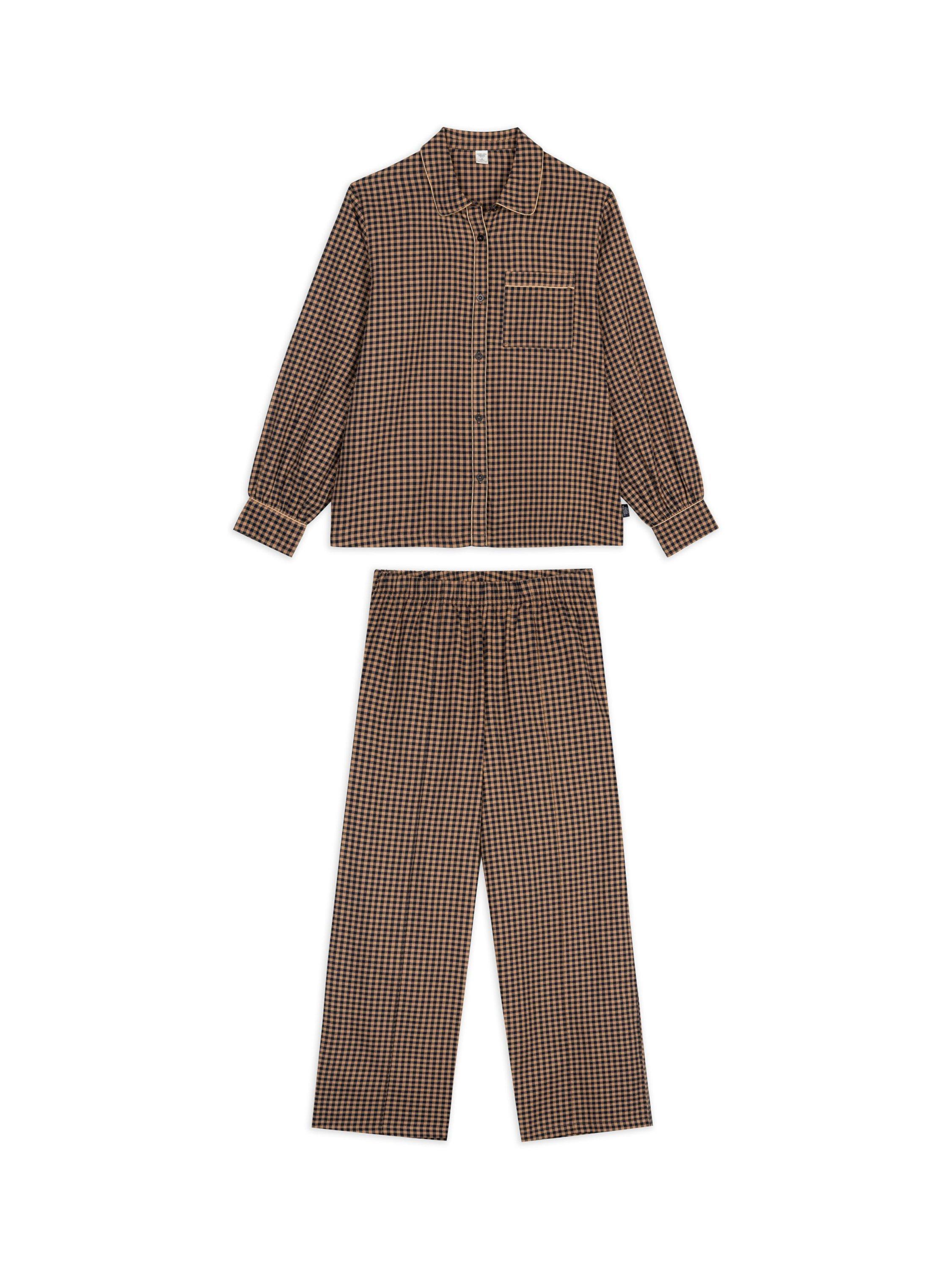 Product image 6 of 7, which shows Chelsea Peers Gingham Button Through Long Pyjama Set, Navy/Brown, 6