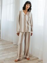 Chelsea Peers Stripe Button Through Long Pyjama Set, Brown