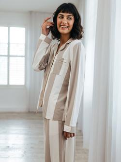 Chelsea Peers Stripe Button Through Long Pyjama Set, Brown - view 2, Brown