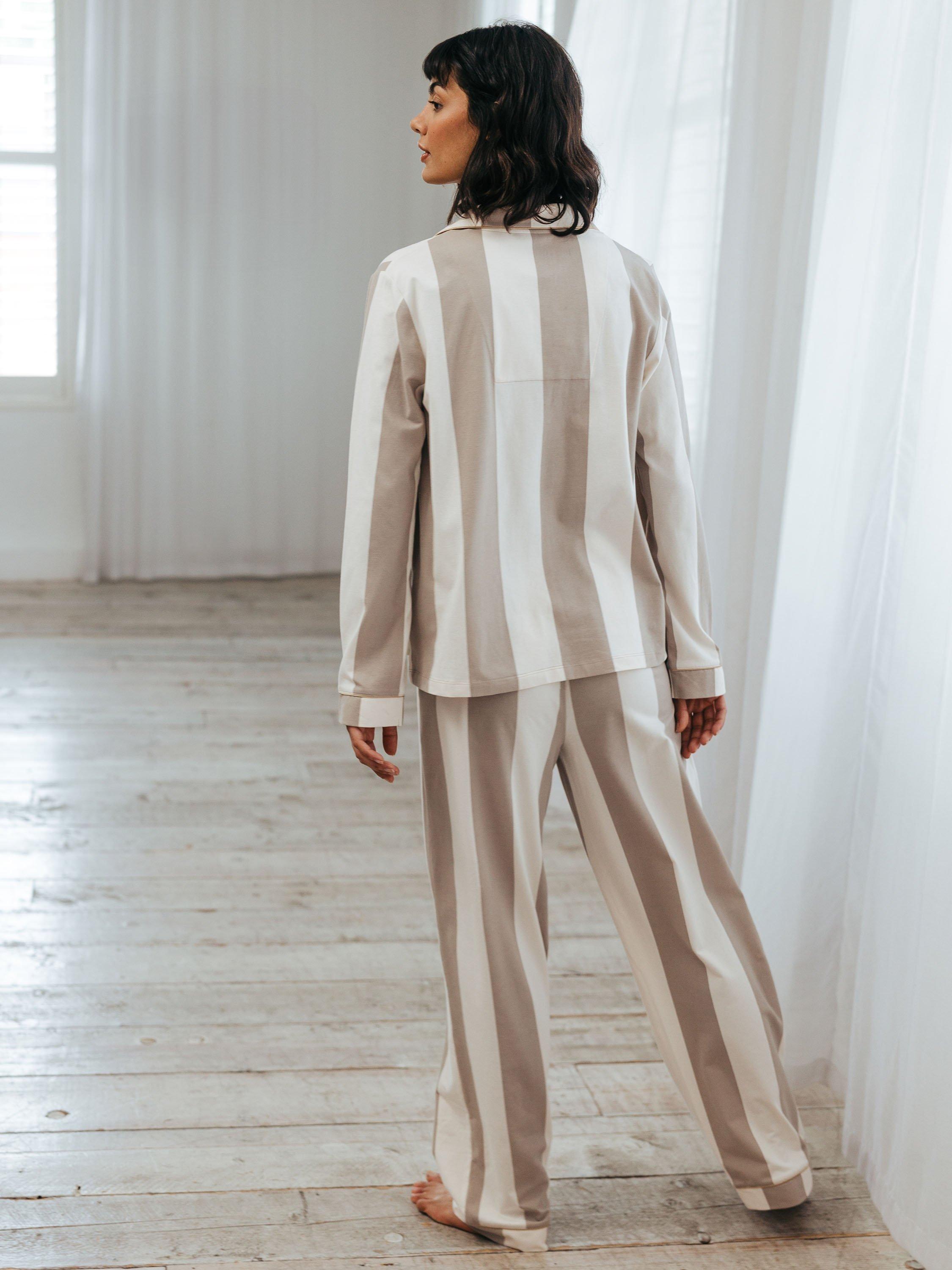 Product image 4 of 5, which shows Chelsea Peers Stripe Button Through Long Pyjama Set, Brown, 6