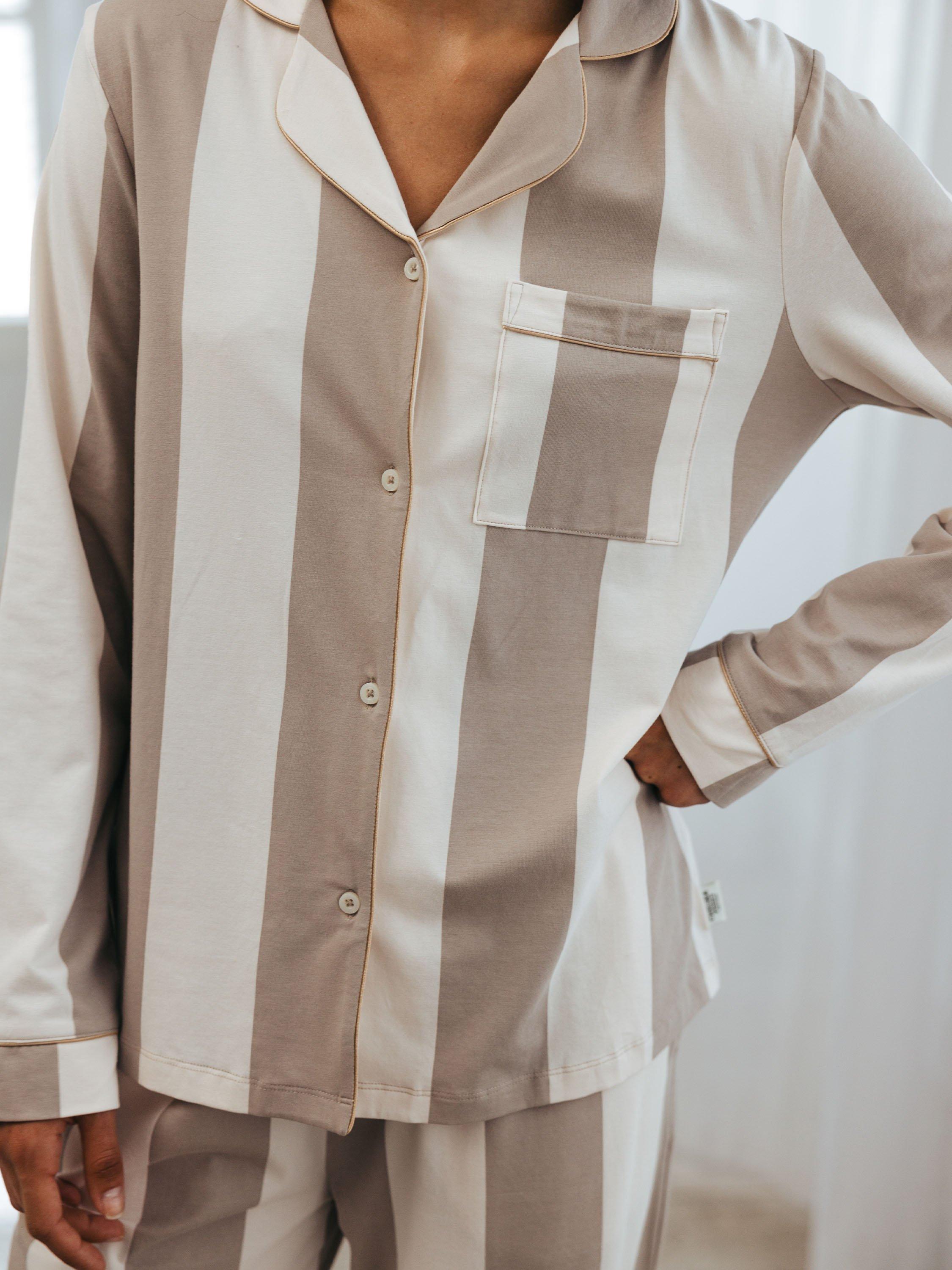 Product image 5 of 5, which shows Chelsea Peers Stripe Button Through Long Pyjama Set, Brown, 6