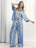 Chelsea Peers Tiled Moon Satin Long Pyjama Set, Blue