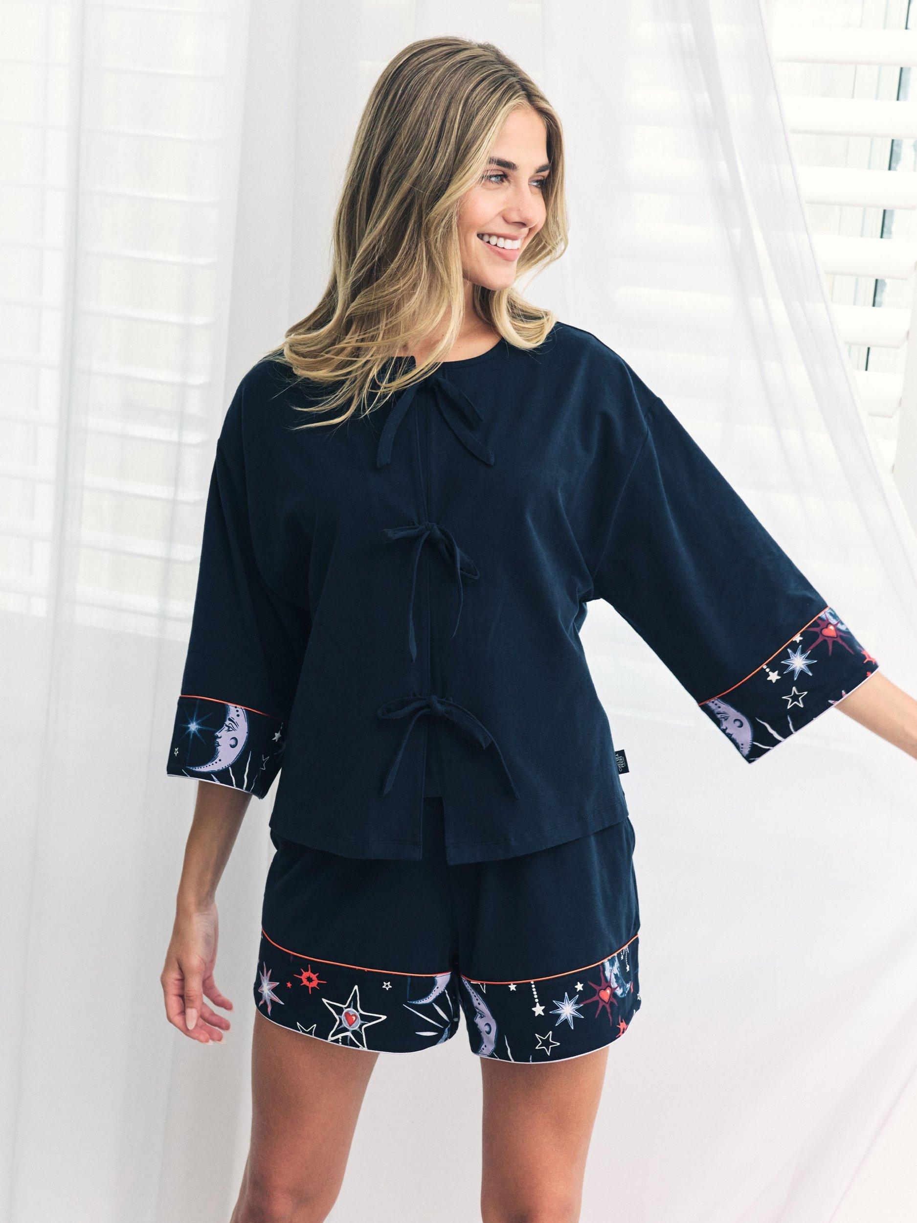 Product image 2 of 7, which shows Chelsea Peers Mystic Moon Tie Front Shorty Pyjama Set, Navy, 6