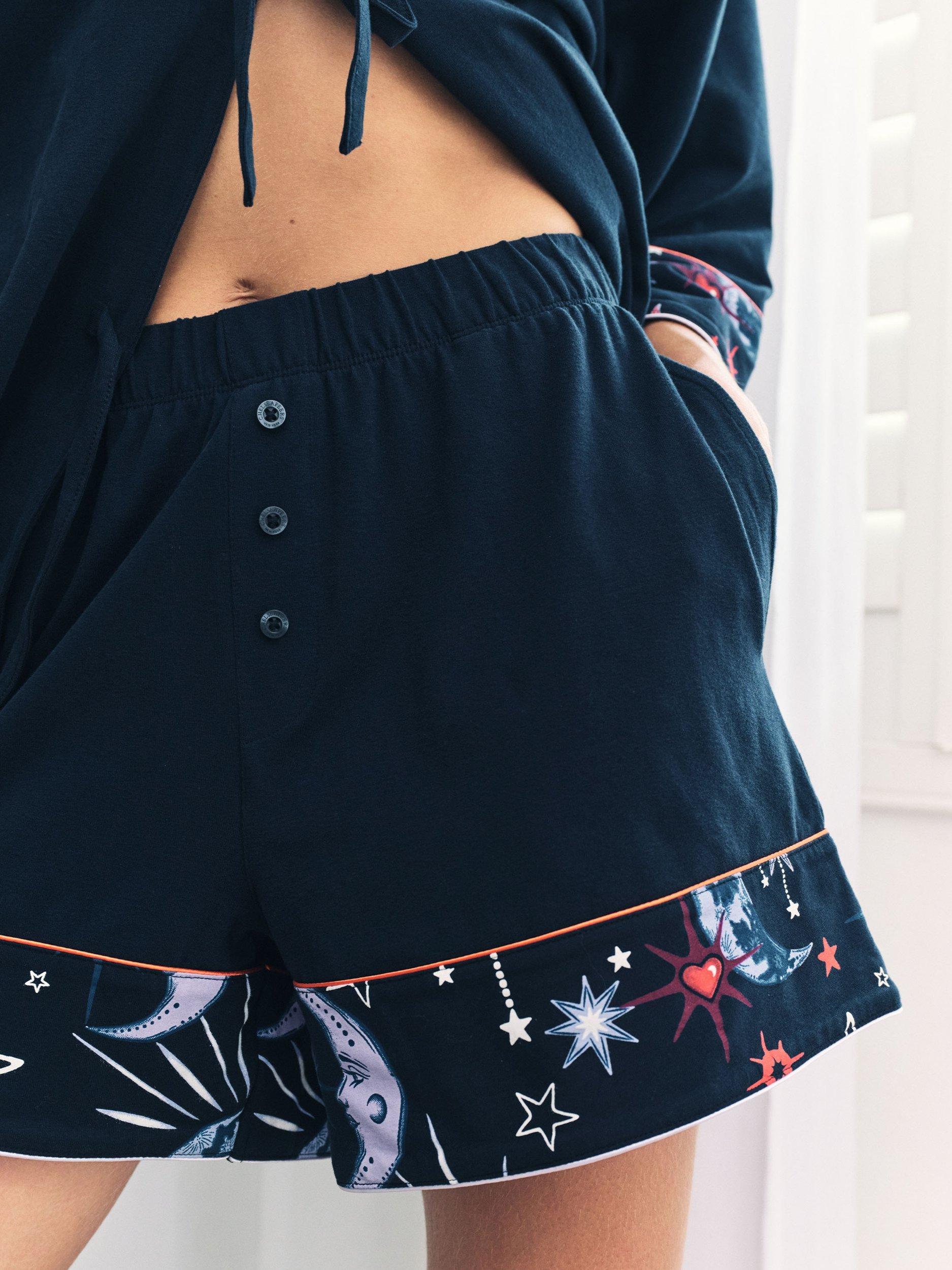 Product image 3 of 7, which shows Chelsea Peers Mystic Moon Tie Front Shorty Pyjama Set, Navy, 6