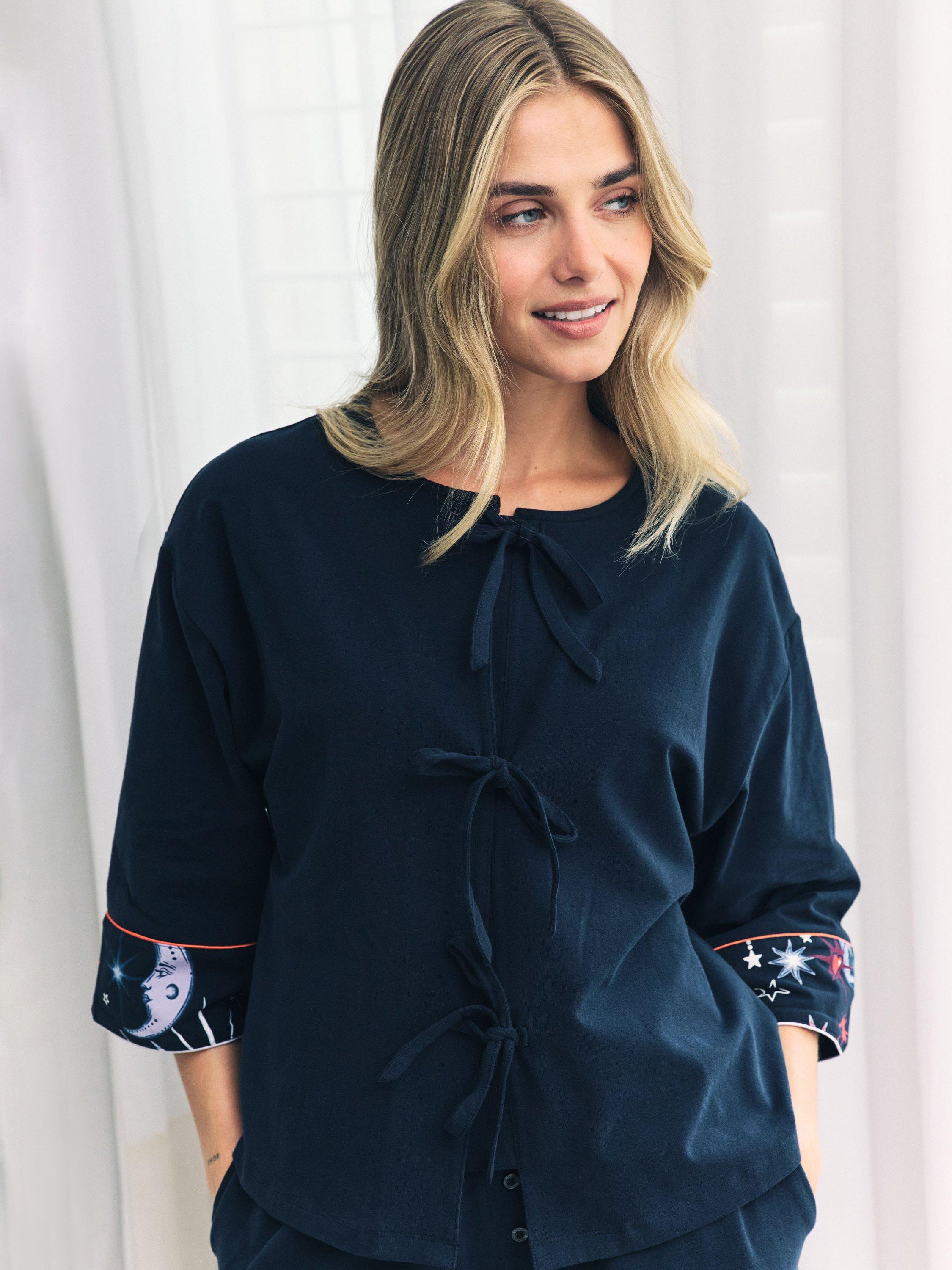 Product image 6 of 7, which shows Chelsea Peers Mystic Moon Tie Front Shorty Pyjama Set, Navy, 6
