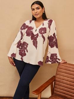 Live Unlimited Curve Floral Flared Sleeve Top, Natural, Natural