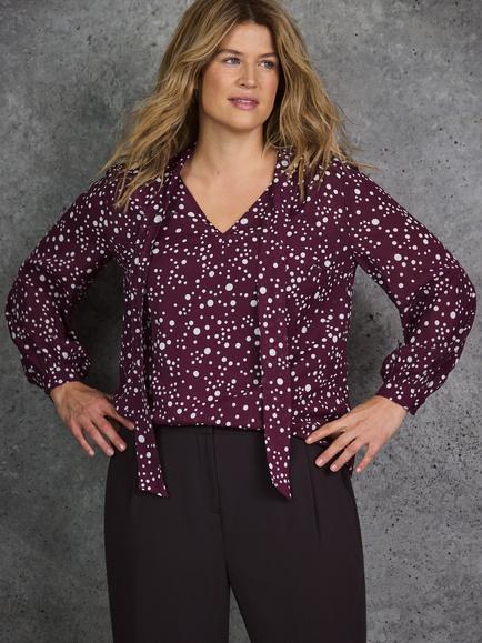 Live Unlimited Curve Spot Print Neck Tie Blouse, Purple, Purple