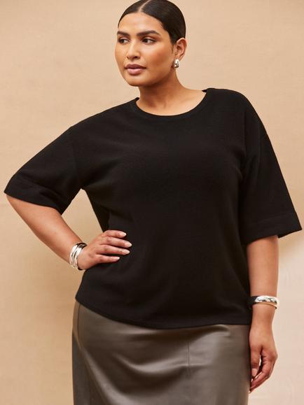 Live Unlimited Curve Round Neck Knit T-Shirt, Black, Black