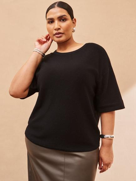 Live Unlimited Curve Round Neck Knit T-Shirt, Black - view 2, Black