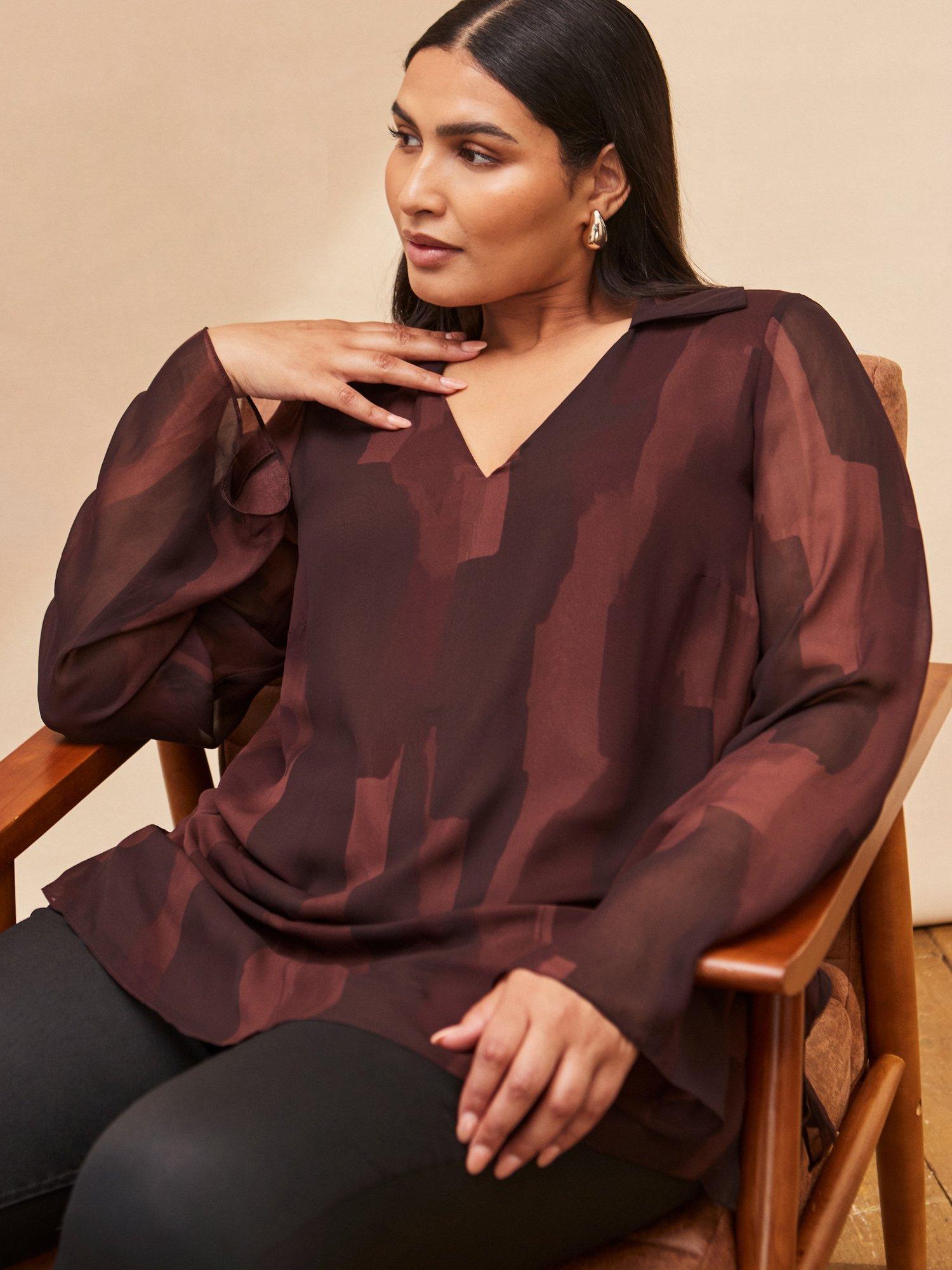 Product image 2 of 4, which shows Live Unlimited Curve Abstract Tunic Top, Brown, 12
