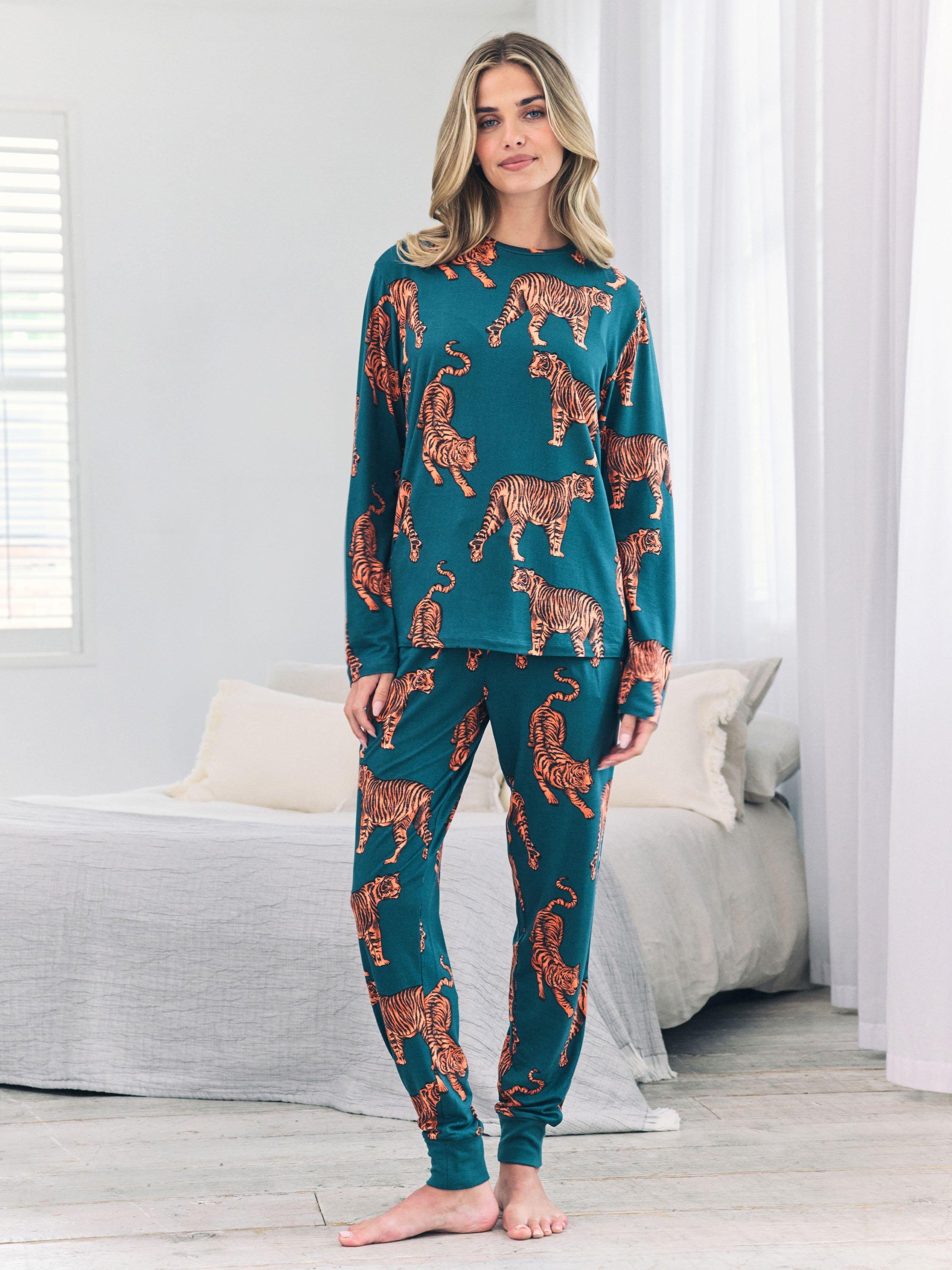 Product image 1 of 7, which shows Chelsea Peers Tiger Print Long Pyjama Set, Teal, 6