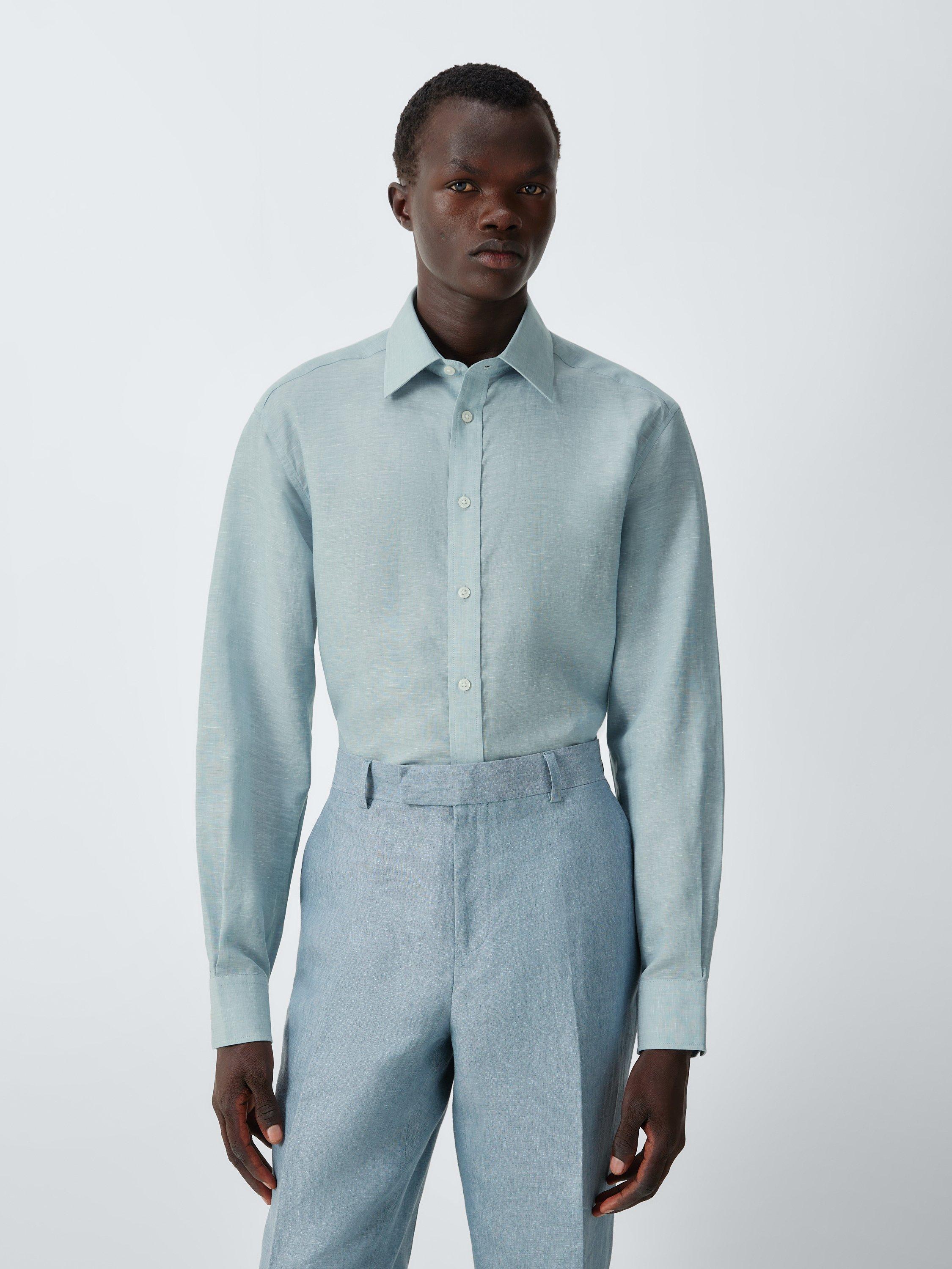 Product image 1 of 8, which shows John Lewis Linen Lyocell Regular Fit Shirt, Aqua Mint, 15/R