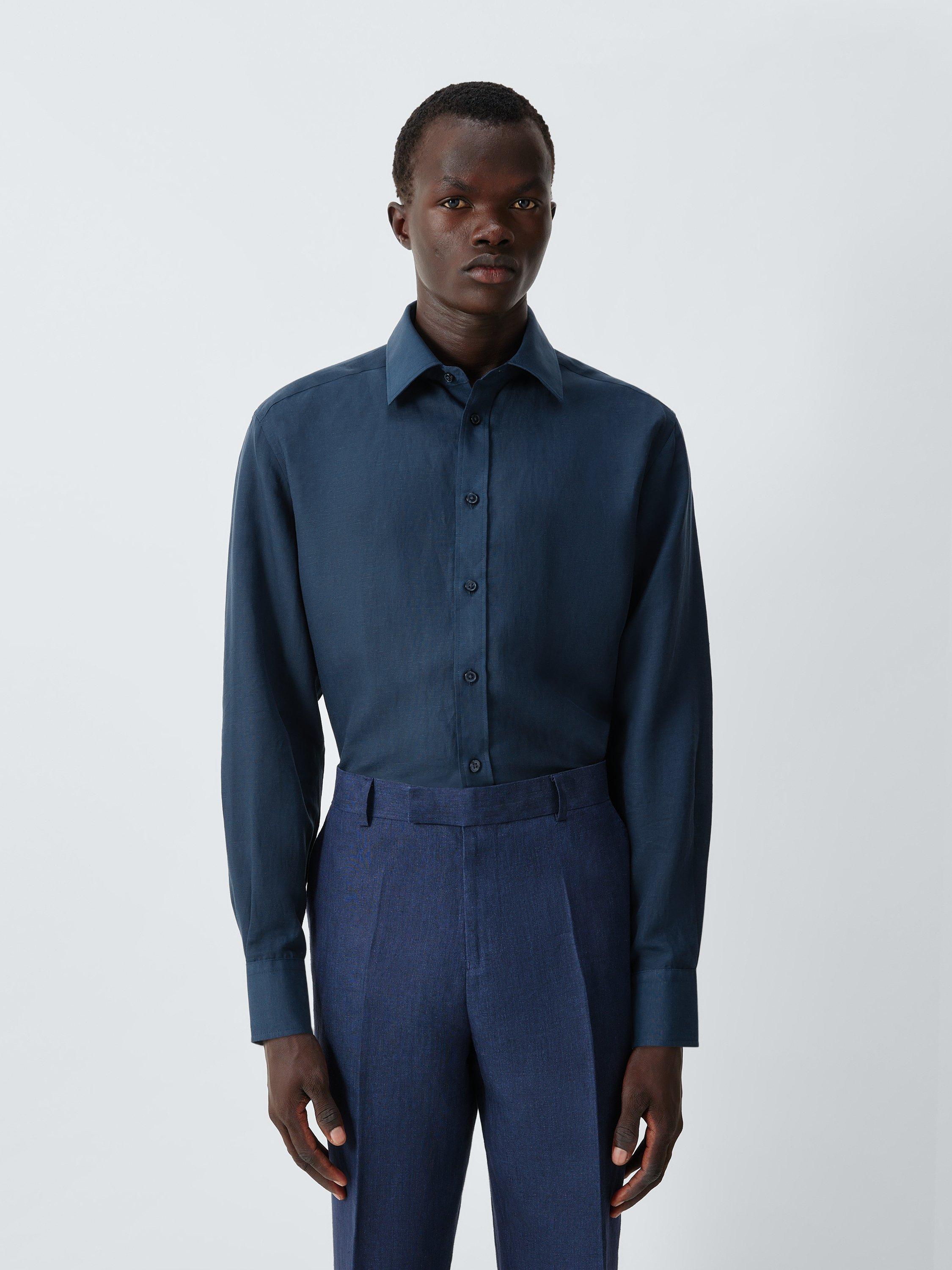 Product image 1 of 8, which shows John Lewis Linen Blend Regular Fit Shirt, Navy, 15/R