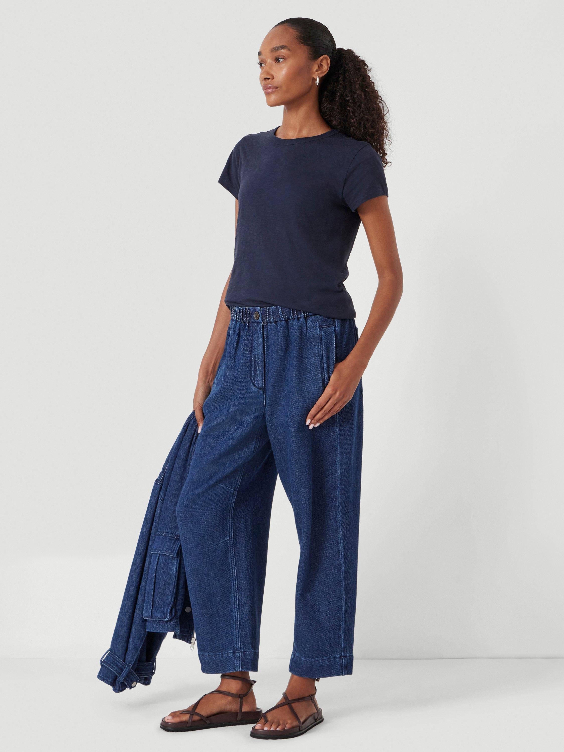 Product image 1 of 5, which shows HUSH Elasticated Waist Soft Barrel Jeans, Indigo Blue, 10R