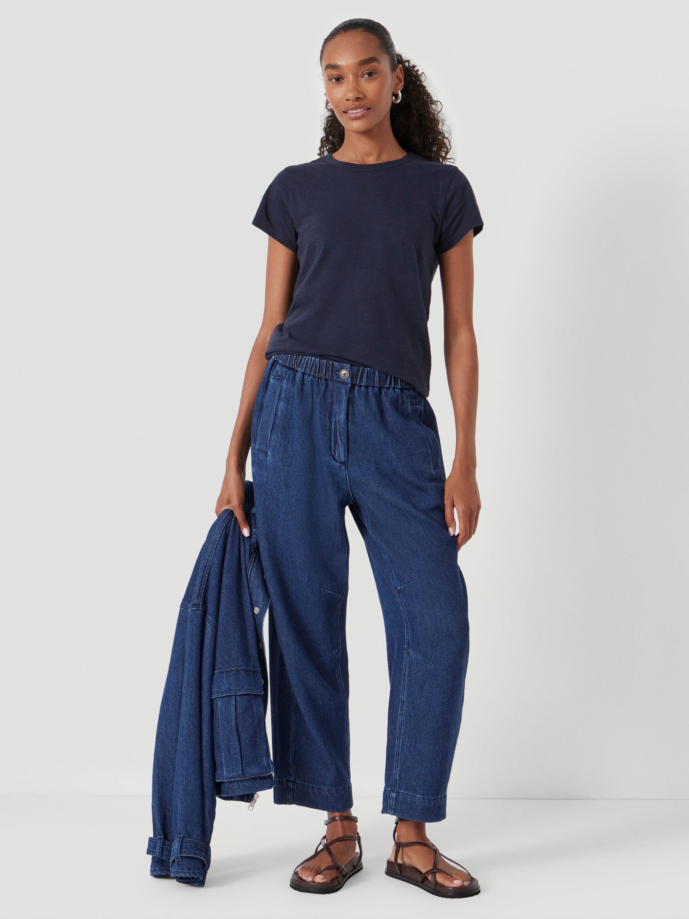 Product image 2 of 5, which shows HUSH Elasticated Waist Soft Barrel Jeans, Indigo Blue, 10R