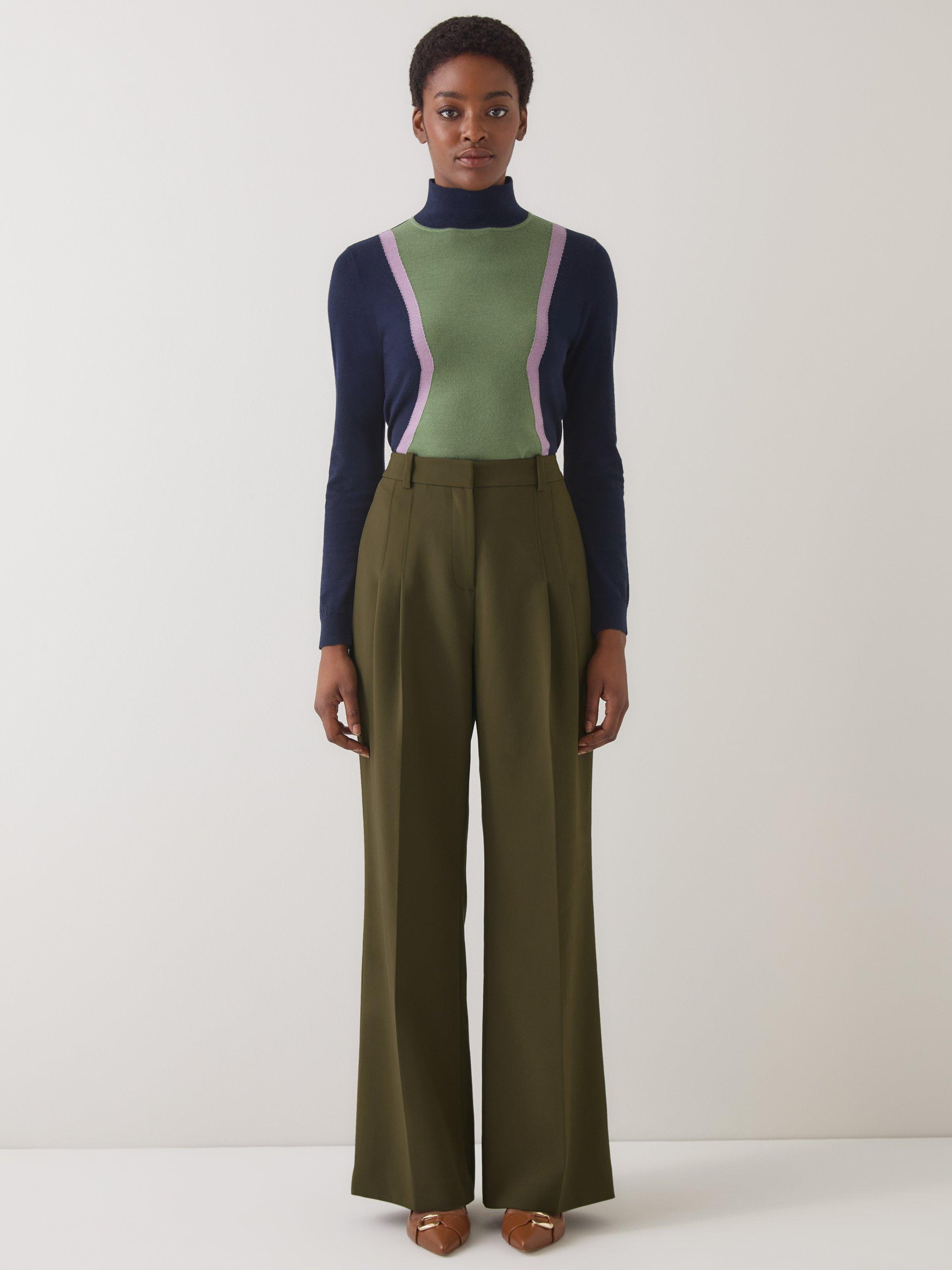 Product image 1 of 5, which shows L.K.Bennett Petra Tailored Wide Leg Trousers, Dark Khaki, 6
