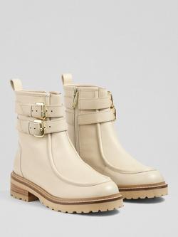 L.K.Bennett Bennie Leather Buckle Ankle Boots - view 2, Ecru