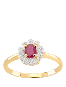 Mogul 9ct Yellow Gold Oval Cut Ruby and Diamond Flower Cluster Ring, Yellow Gold