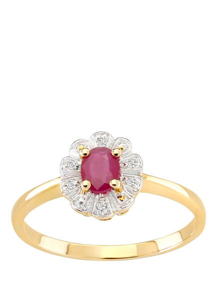 Mogul 9ct Yellow Gold Oval Cut Ruby and Diamond Flower Cluster Ring, Yellow Gold