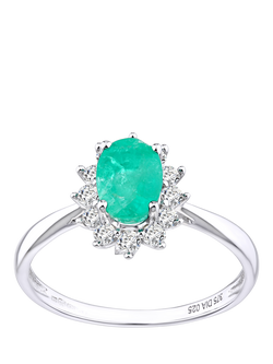 Mogul 9ct White Gold Emerald and Diamond Ring, White Gold