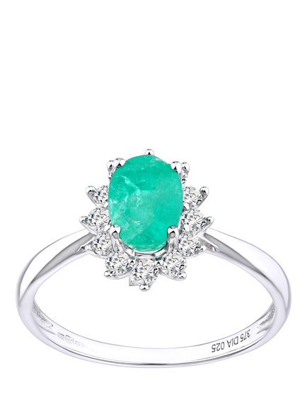 Mogul 9ct White Gold Emerald and Diamond Ring, White Gold
