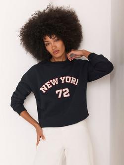 Mint Velvet Cotton Blend Graphic Crew Neck Sweatshirt, Blue Navy