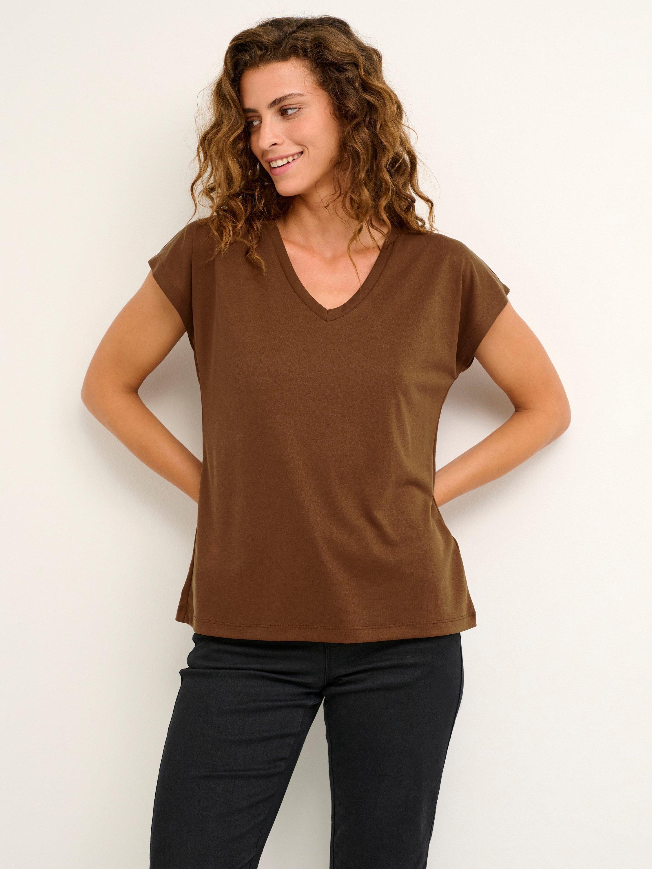 Product image 1 of 6, which shows KAFFE Lise V-Neck T-Shirt, Toffee, S