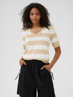 KAFFE Lizza Stripe Short Sleeve V Neck Jumper, Beige/Multi