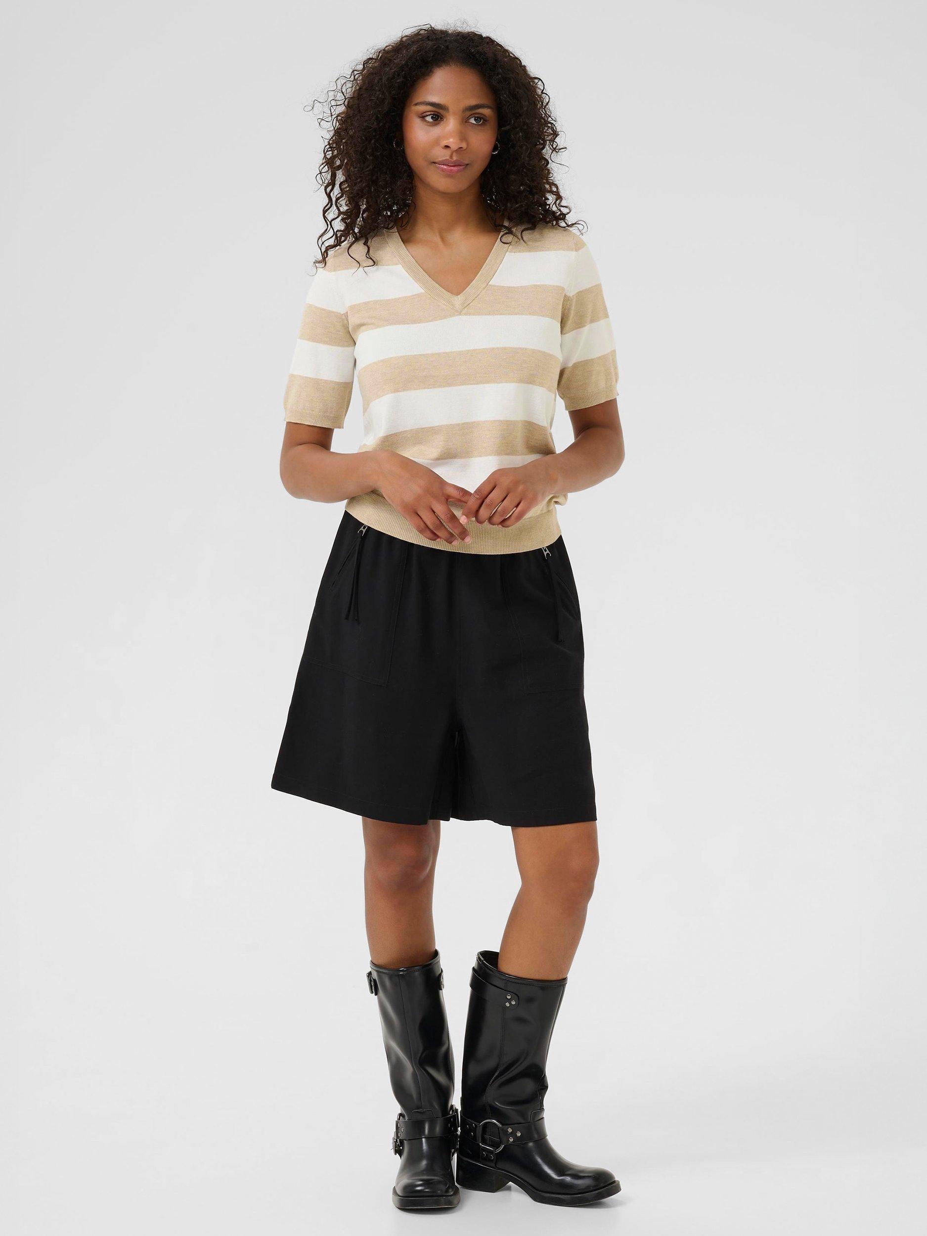 Product image 3 of 6, which shows KAFFE Lizza Stripe Short Sleeve V Neck Jumper, Beige/Multi, XS