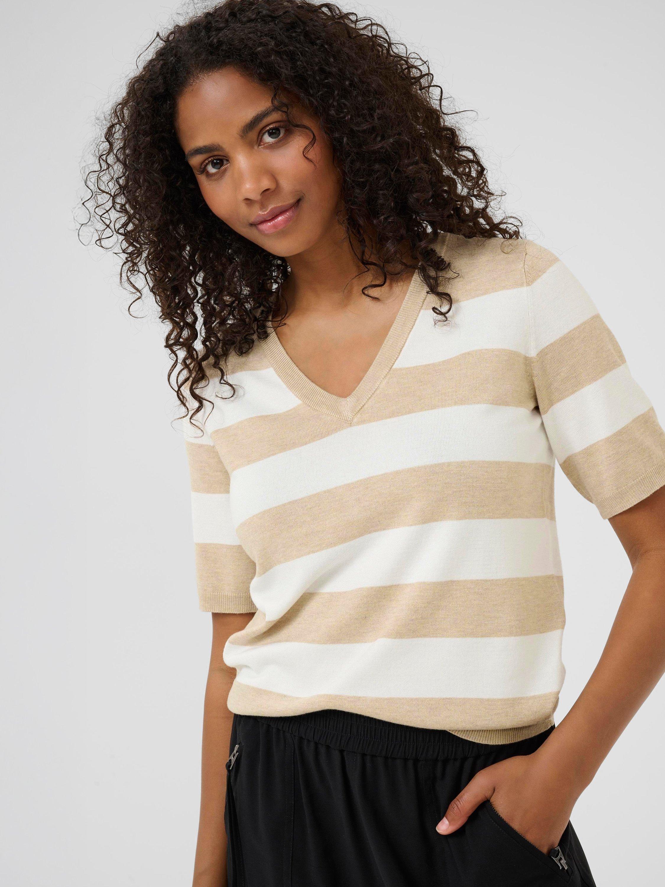 Product image 4 of 6, which shows KAFFE Lizza Stripe Short Sleeve V Neck Jumper, Beige/Multi, XS
