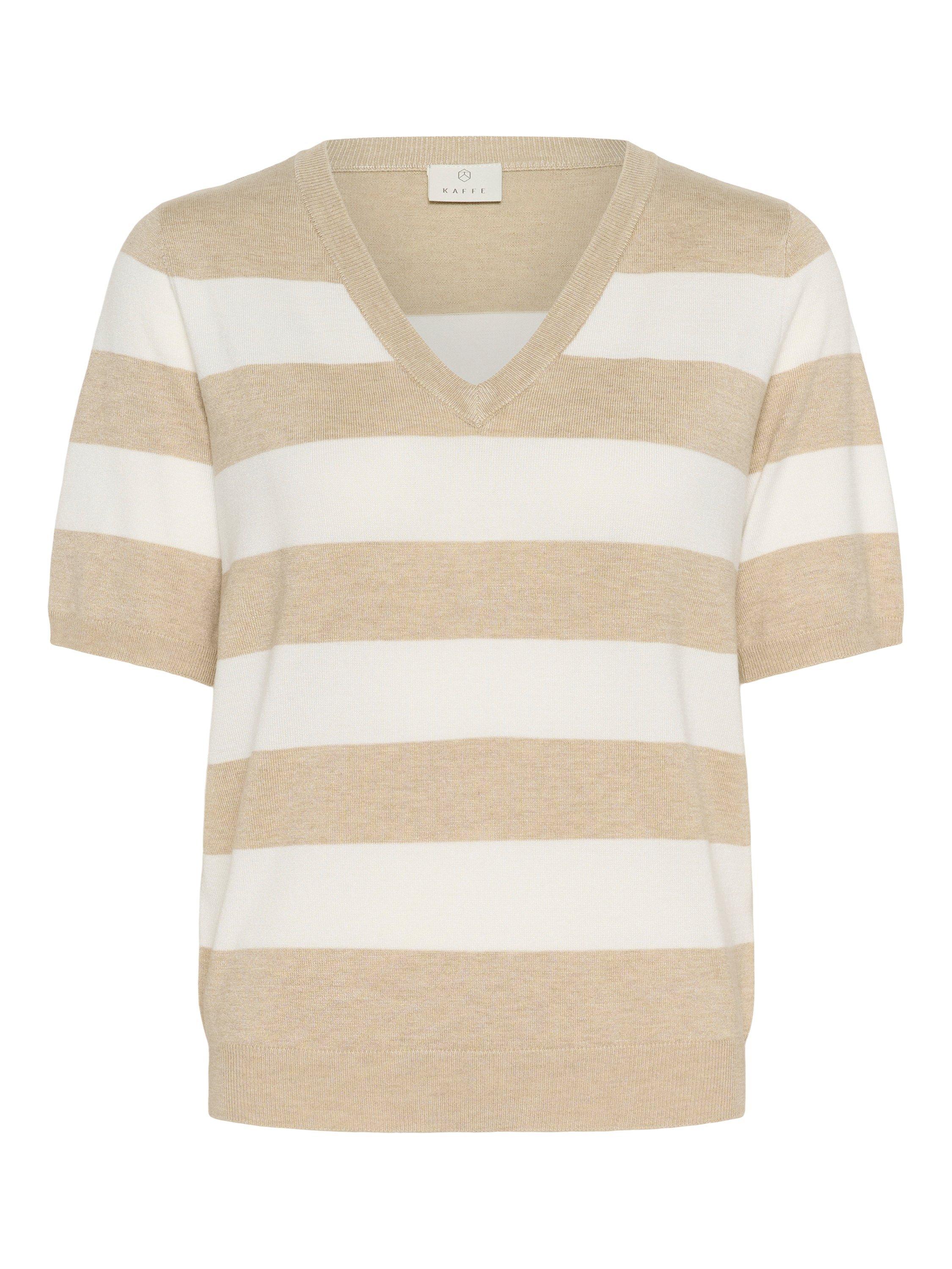 Product image 5 of 6, which shows KAFFE Lizza Stripe Short Sleeve V Neck Jumper, Beige/Multi, XS