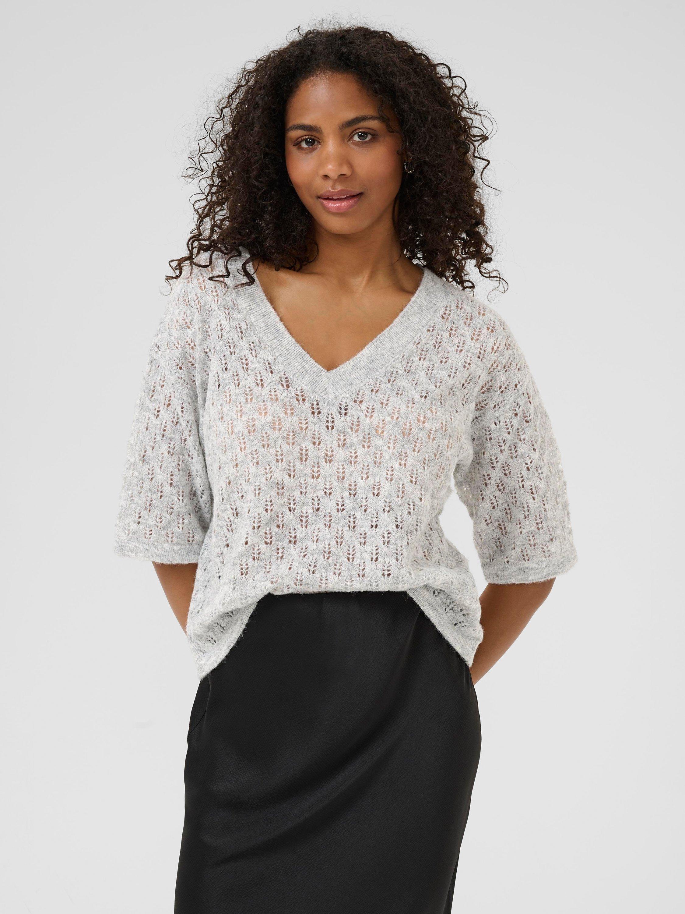 Product image 1 of 6, which shows KAFFE KAlourine Textured Fine Knit V-Neck Jumper, Light Grey Melange, XS