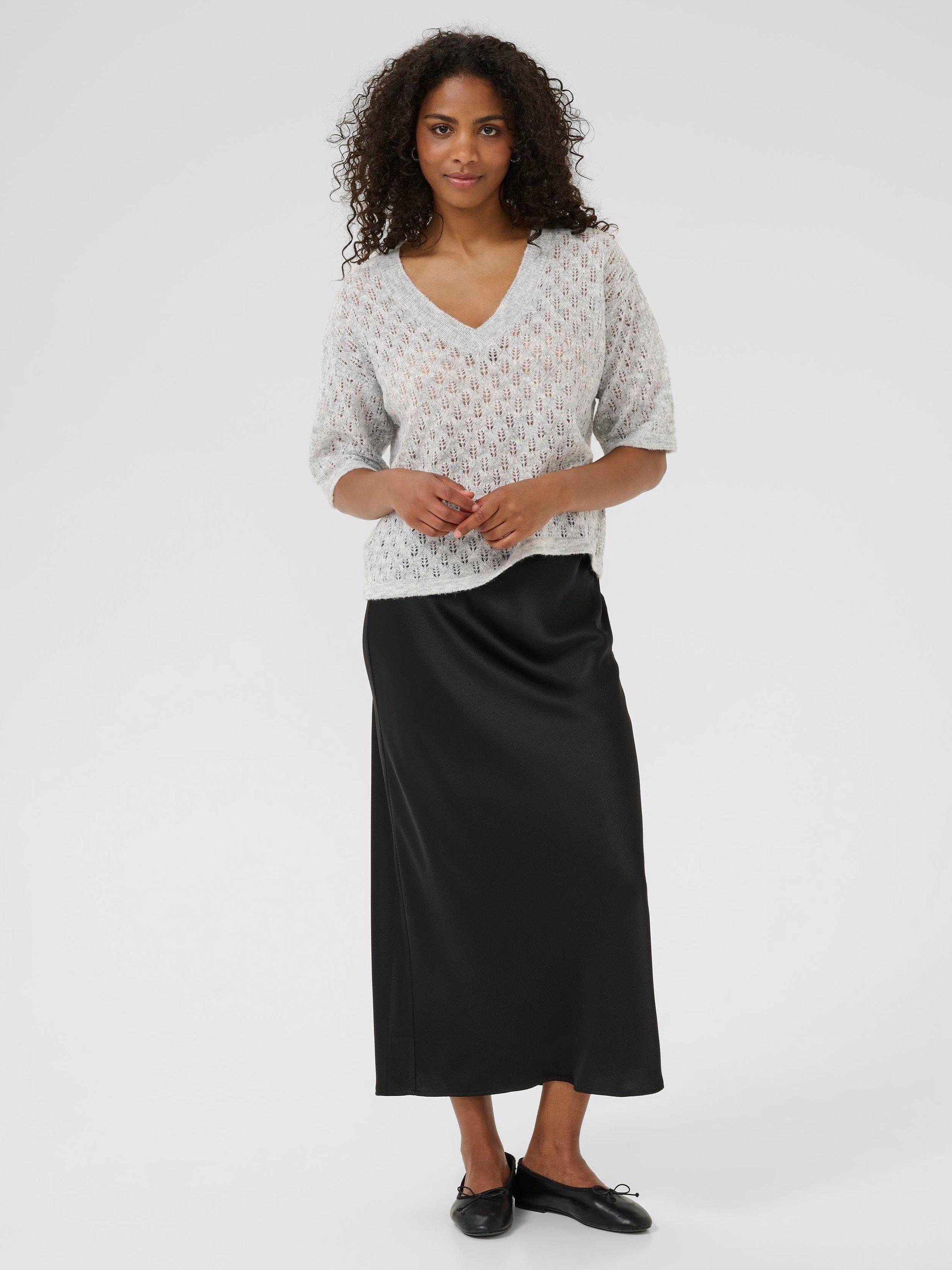 Product image 3 of 6, which shows KAFFE KAlourine Textured Fine Knit V-Neck Jumper, Light Grey Melange, XS