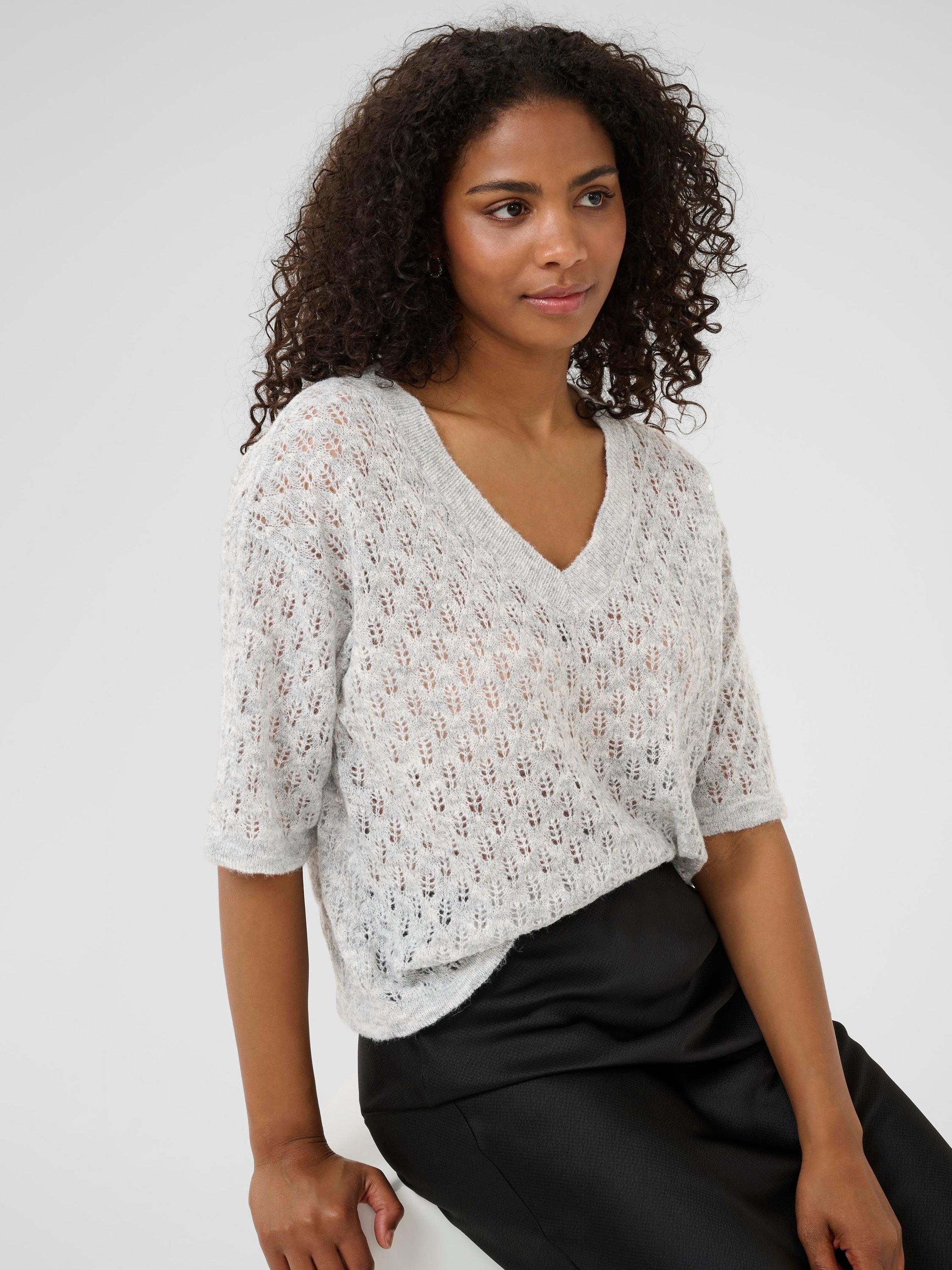 Product image 4 of 6, which shows KAFFE KAlourine Textured Fine Knit V-Neck Jumper, Light Grey Melange, XS