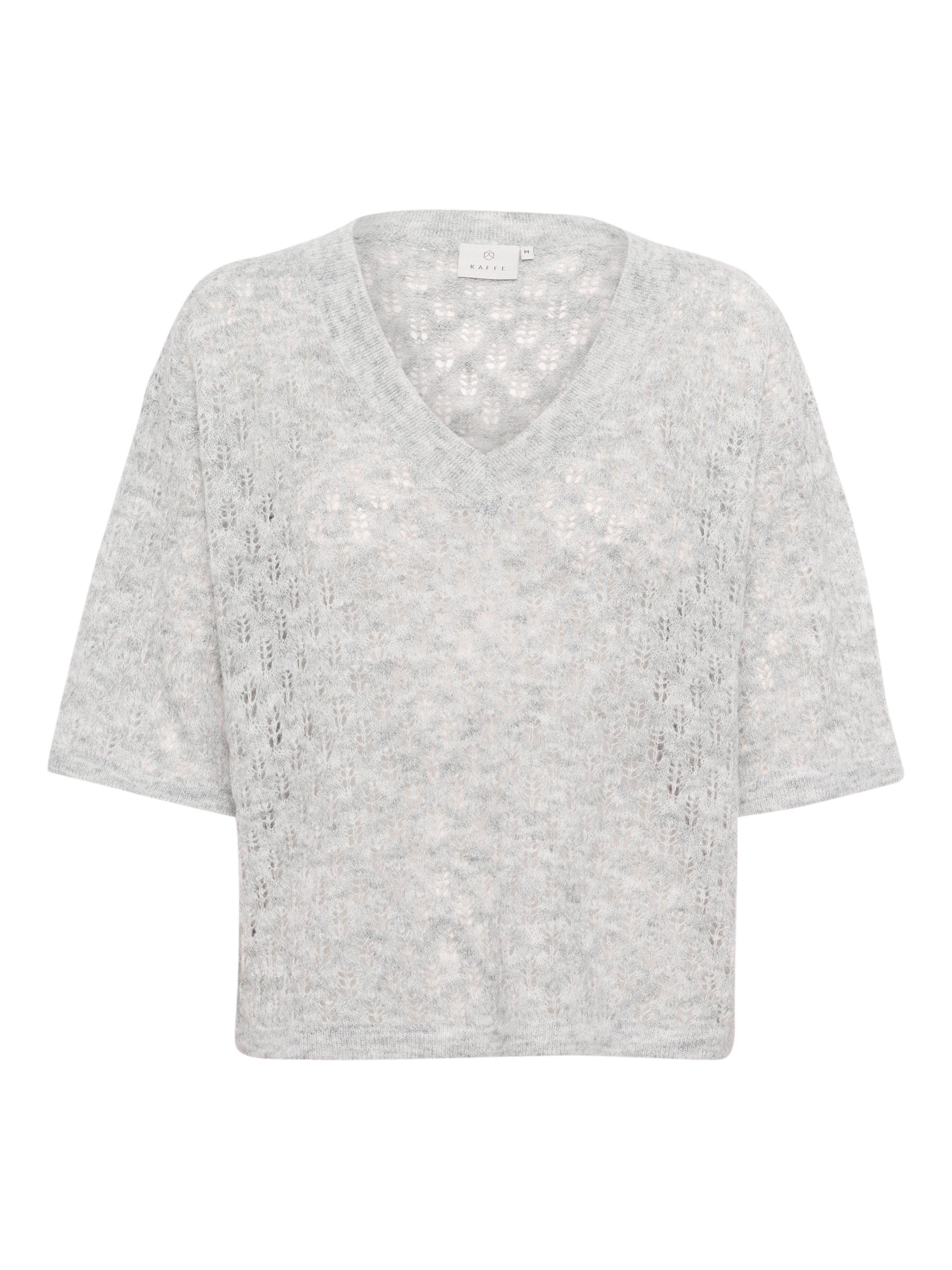 Product image 5 of 6, which shows KAFFE KAlourine Textured Fine Knit V-Neck Jumper, Light Grey Melange, XS