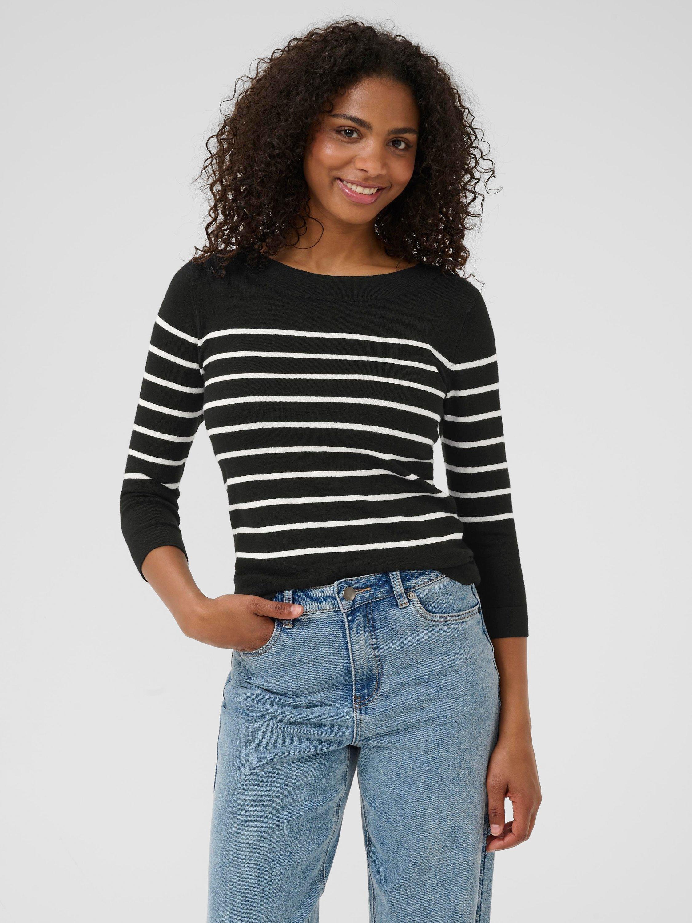 Product image 1 of 7, which shows KAFFE Lizza Stripe Three Quarter Sleeves Boat Neck Jumper, Black/Multi, XS